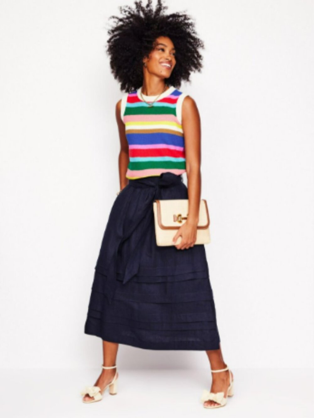 Boden Navy Linen Midi Tie-Waist Skirt